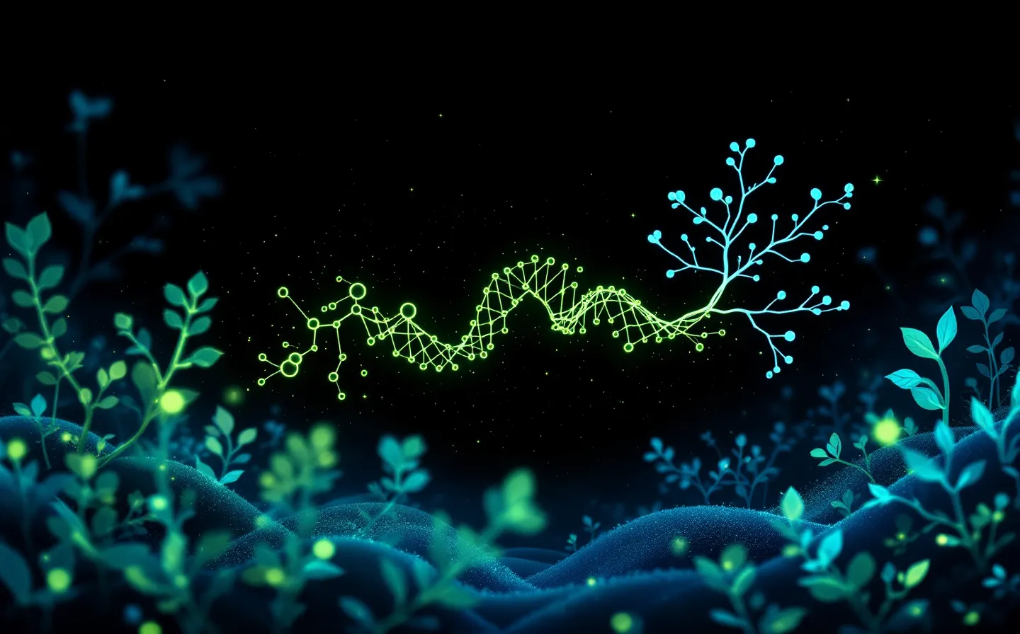 Bioluminescent lime-and-cyan biotech-console schematic of a coiled fifteen-node peptide chain beside a branching cyan vessel-sprout angiogenesis motif, glowing on a deep forest-ink ground